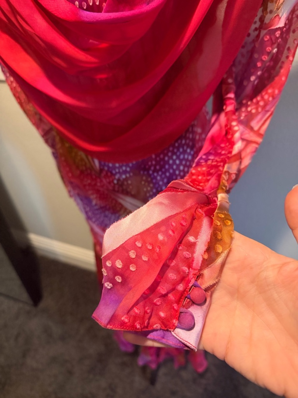 Vintage Judy Hornby Couture Pink & Purple Printed Maxi Dress with Draped Scarf - Picture 2 of 10